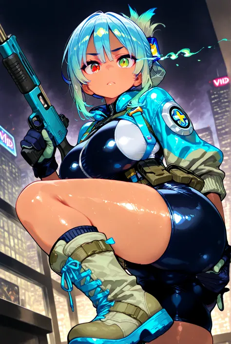 Super Detailed,1girl, score_9, score_8_up, score_7_up, masterpiece, Highest quality, ultra realistic graphic, Very detailed, best quality, source_anime, vivid blue hair, bangs, side lock hair, (folded ponytail), red eyes, tsurime, (vivid blue hair:1.4),[(gradient hair from vivid blue to pale green:1.4):0.9], (pale green inner hair:0.6), gyaru, makeup, dark skin:1.3, tanned skin, oily skin, shiny skin, lips, fair skin, glowing eye trail, thick outline, ((masterpiece)), (top quality), (high resolution), 16 kg, (tight clothes), is wearing tactical clothes, tactical belt for a dirty blazer, kneepads, boots, black shorts, big breasts and beautiful buttocks, showing chest seen from below, foot, hips, (amazing illustration), Staring at the viewer, serious, detailed faces with office, detailed hair, Details, holding remington 870, American city background,