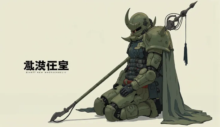 Hall々A figure in sturdy armor is kneeling, combines strength and elegance. Zaku、A futuristic warrior in a greenish military-inspired, sturdy armor adorned with spikes and intricate patterns. The design seems inspired by samurai aesthetics, It is complement...