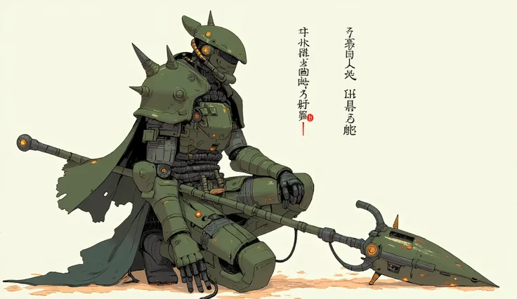 Hall々A figure in sturdy armor is kneeling, combines strength and elegance. Zaku、A futuristic warrior in a greenish military-inspired, sturdy armor adorned with spikes and intricate patterns. The design seems inspired by samurai aesthetics, It is complement...