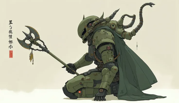 Hall々A figure in sturdy armor is kneeling, combines strength and elegance. Zaku、A futuristic warrior in a greenish military-inspired, sturdy armor adorned with spikes and intricate patterns. The design seems inspired by samurai aesthetics, It is complement...
