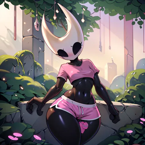 (masterpiece), ((perfect anatomy)), (high Res), (4k), hornet, ((insectoid)), ((segmented body)), ((insect body parts)), black body, (((white head))), 3 fingers(index, middle and thumps), flat chest, wide hips, (((pink shirt))), (((pink shorts))), (((solo))...
