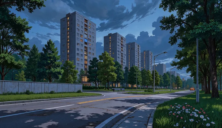 landscape, street, USSR vibes, panel buildings:1.5, panelki:1.5, many floors, many green trees, night, summer, puddles on the asphalt, cloudy:1.5, grass, crossroad:1.5, cracks in the asphalt:0.3, soviet-style concrete fence:0.15, flowers:0.25, without sun,...