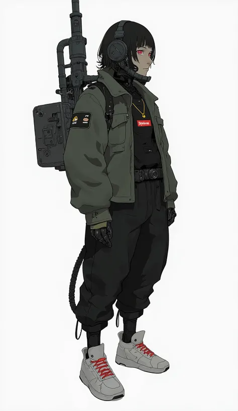 Zaku、figure like a robot on a white background々Standing、beautifully blends street fashion with futuristic design。The character is a character with only a few 「Supreme」logo patch, and the bottom of the、urban streetwear and It skillfully combines mechanical ...