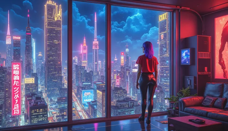 ArsMJStyle , vaporwave,8K, ultra high resolution, hyper-realistic, highly detailed, cinematic lighting, photorealistic. Cyberpunk and sci-fi world.
The year is 2400, in a futuristic high-tech metropolis.
A breathtaking view from a high-rise apartment on th...