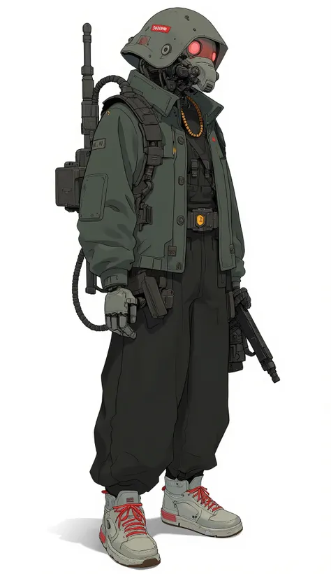 Zaku、figure like a robot on a white background々Standing、beautifully blends street fashion with futuristic design。The character is a character with only a few 「Supreme」logo patch, and the bottom of the、urban streetwear and It skillfully combines mechanical ...