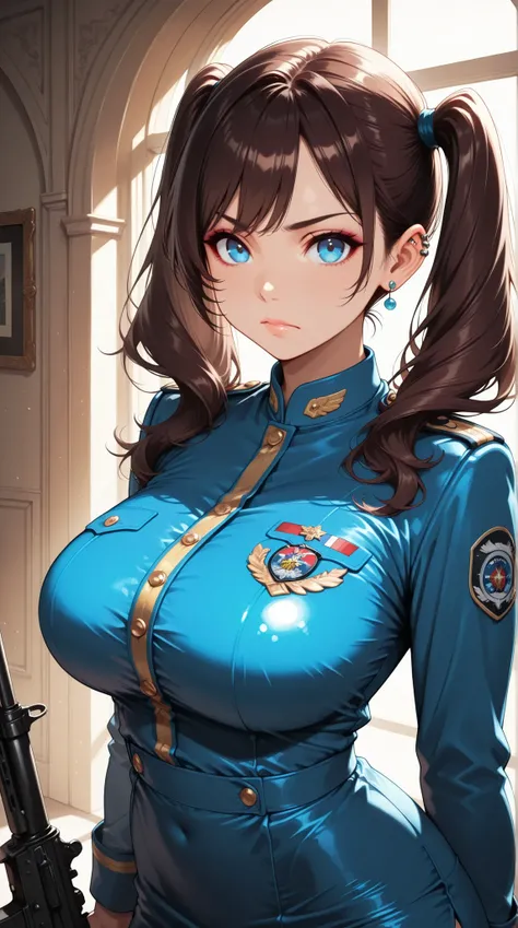 htm,1 woman, COOL MILITARY:1.2, faceshot, dark brown hair, blue eyes, round eyes, HIGH POSITION TWIN TAILS, SUPER LONG TWIN TAILS, Big Breasts, (viewers, serious expression), Perfect Body, cropped tops, Military uniform, WEAPONS AND EQUIPMENT, mini skirt,...