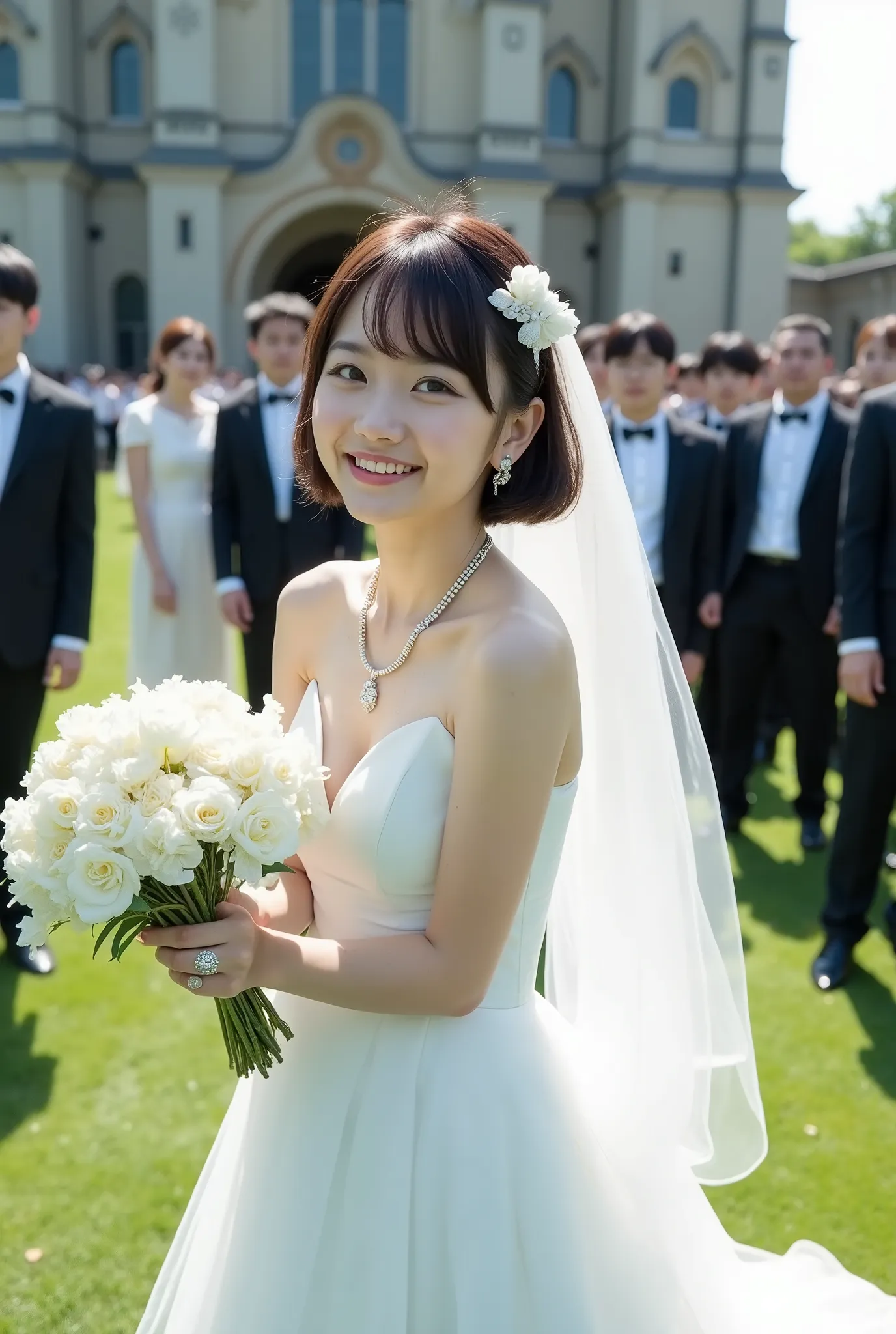 Japanese actress taking an artistic photo book。take a low angle from the front。((cute Japanese woman who is petite, young, and idol-like))。((woman standing on the lawn in front of a church))。it looks like they are blessed by many men and women in formal at...