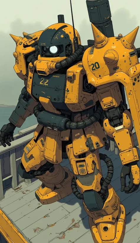 Zaku、impressive close-up of a large mobile suit, Similar to mecha, Floating above the deck. This mecha has a unique mustard yellow color scheme、visible signs of wear and battle, surface scratches and paint peeling are evidence. has a long head similar to a...