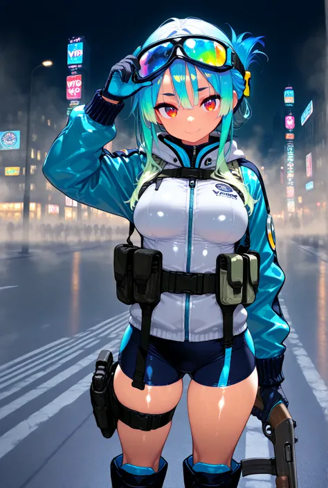 Super Detailed,1girl, score_9, score_8_up, score_7_up, masterpiece, Highest quality, ultra realistic graphic, Very detailed, best quality, source_anime, vivid blue hair, bangs, side lock hair, (folded ponytail), red eyes, tsurime, (vivid blue hair:1.4),[(gradient hair from vivid blue to pale green:1.4):0.9], (pale green inner hair:0.6), gyaru, makeup, dark skin:1.3, tanned skin, oily skin, shiny skin, lips, fair skin, glowing eye trail, thick outline, ((masterpiece)), (top quality), (high resolution), 16 kg, (tight clothes), is wearing tactical clothes, tactical belt for a dirty blazer, kneepads, boots, tactical goggle on head, black shorts, (amazing illustration), Staring at the viewer, smile, detailed, detailed hair, Details, holding remington 870, london city background, street, at night, fog,