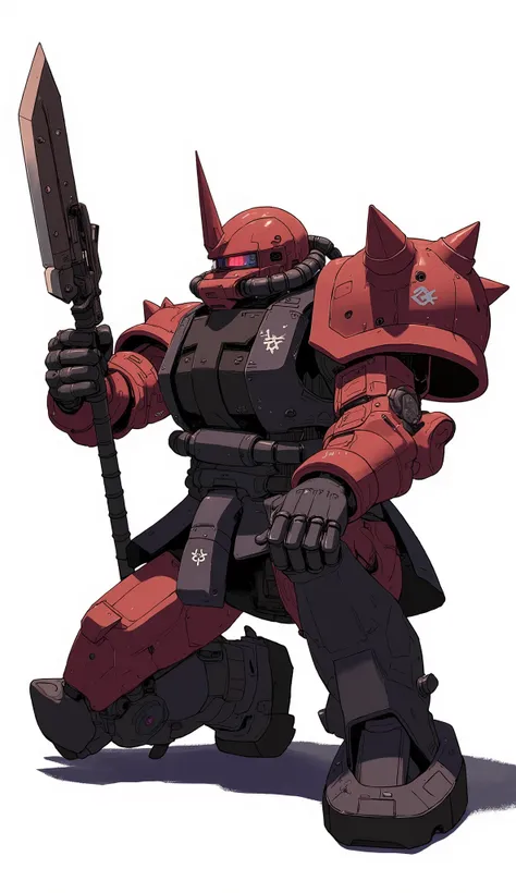 ザク、A futuristic samurai-like robot kneels in a poised stance, exuding a sense of readiness and power. Crafted with intricate detail, the armor is predominantly a deep crimson, accented by shadows that enhance its imposing presence. The robot's head feature...