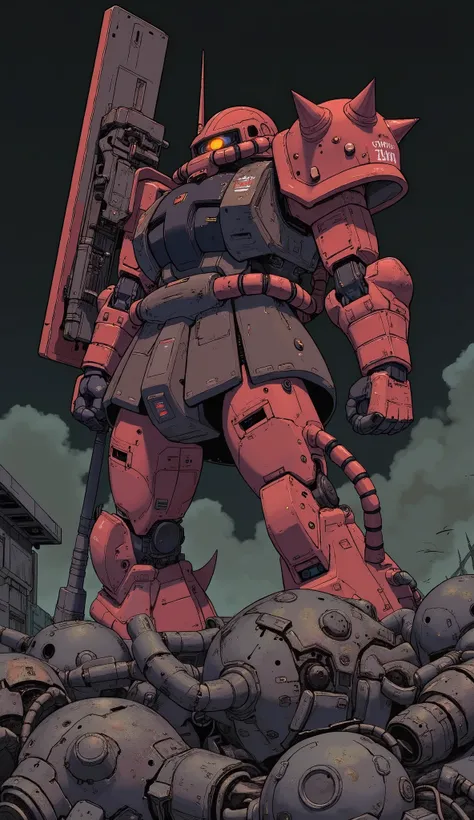 Zaku、Close up of a robot with a sword on a pile of other robots, Zaku, The mobile suit , The mobile suit gundam, Gouf evangelion, in , Gouf The mobile suit , Gouf , Gundam Style, giant robot, Getter Robo, SAZABI, To Gundam, Chris Moore, Red Mecha, insp...