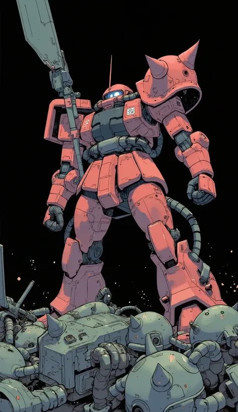Zaku、Close up of a robot with a sword on a pile of other robots, Zaku, The mobile suit , The mobile suit gundam, Gouf evangelion, in , Gouf The mobile suit , Gouf , Gundam Style, giant robot, Getter Robo, SAZABI, To Gundam, Chris Moore, Red Mecha, insp...