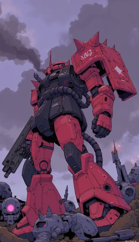 Zaku、angular and powerful design, colors with dark accents added to bright red, depicted in various states of chaos and destruction. injured in battle, The sky is depicted as swirling purple and gray, ready to attack. and dynamic poses, and It features a s...
