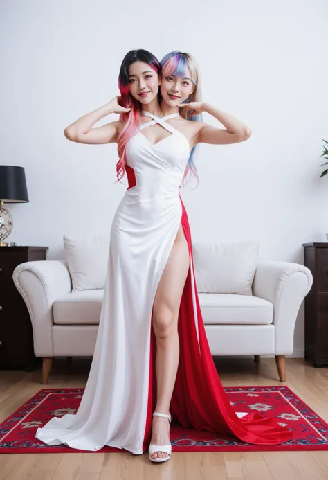 anime woman with two heads, tall, slender, multi-coloured hair, different hair lengths, posing, red carpet, celebrity, korean, very long hair, styled hair, two-tone colour hair,, highlights in hair, (2 different outfit, girls wearing 2 different outfit, sp...