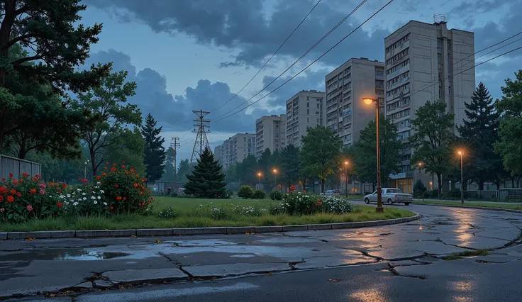 landscape, street, USSR vibes, panel buildings:1.5, panelki:1.5, many floors, many green trees, night, summer, puddles on the asphalt, cloudy:1.5, grass, crossroad:1.5, cracks in the asphalt:0.3, soviet-style concrete fence:0.15, flowers:0.25, without sun,...