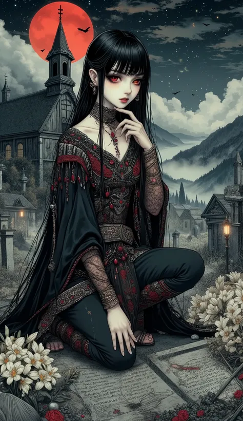 (A fusion of Ukiyo-e and dark fantasy. Aesthetic and gothic digital art. Illustrations are drawn from a bird's eye view from above.) BREAK
(Jet black hair. Blunt bangs. Black eyebrows. Long black eyelashes. Almond-shaped eyes. Glowing red eyes. Dark, thic...