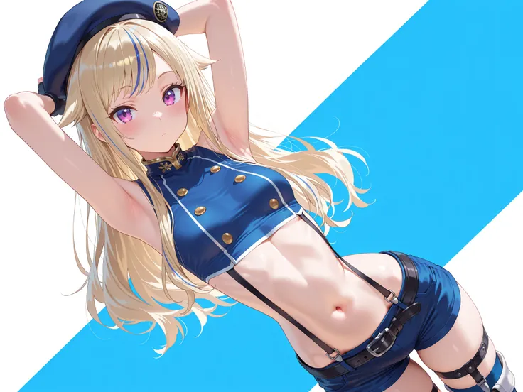 solo,masterpiece,best quality, amazing quality, highres, absurdres, very aesthetic, high resolution, ultra detailed, perfect details,suzuki hina, blonde hair, long hair, streaked hair, hair flaps, purple eyes, skinny, small breasts, hat, beret, blue thighh...