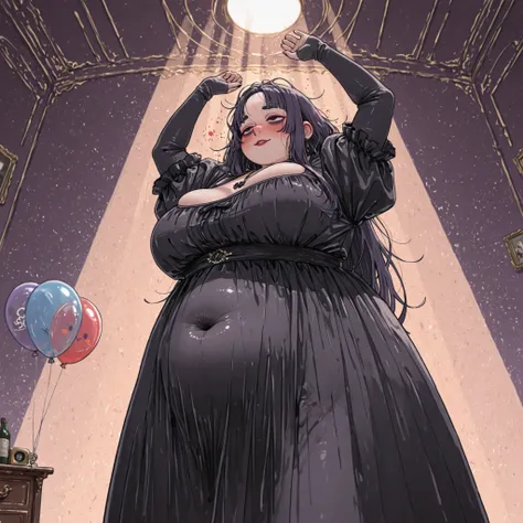 love handles, Fat Rolls, , necklace, diamonds, red cheeks, messy hair in face, unique forehead, large nose, dark eyebrows, pronounced upper lip shape, tall face, bags under eyes (g4n1m3) ((goth girl)) in ((elegant Victorian dress))woman, skinny, ()  (), ()...