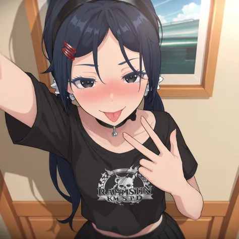 ighres, hi res, best quality, masterpiece, 2d, intricate details, 4k, anime coloring, shadow, uncensored, eyelashes, nose, nose blush, long hair , black hair, black eyes, black hairband , black hairclips , hair ornament , twintails , parted bangs, black ch...