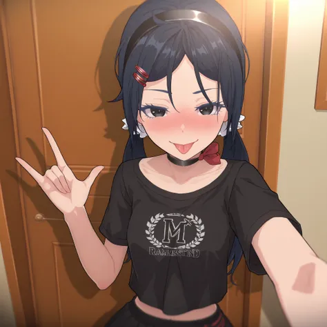 ighres, hi res, best quality, masterpiece, 2d, intricate details, 4k, anime coloring, shadow, uncensored, eyelashes, nose, nose blush, long hair , black hair, black eyes, black hairband , black hairclips , hair ornament , twintails , parted bangs, black ch...
