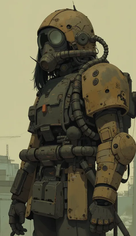Zaku、The image shows a person in heavy clothing, protective clothing, suggests an apocalyptic or tactical theme. The person wears a gas mask with a prominent circular filter, It covers the face 、damaged shield engraved with the letters. their helmets and a...