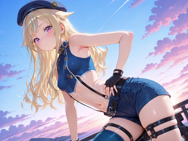 solo,masterpiece,best quality, amazing quality, highres, absurdres, very aesthetic, high resolution, ultra detailed, perfect details,suzuki hina, blonde hair, long hair, streaked hair, hair flaps, purple eyes, skinny, small breasts, hat, beret, blue thighh...