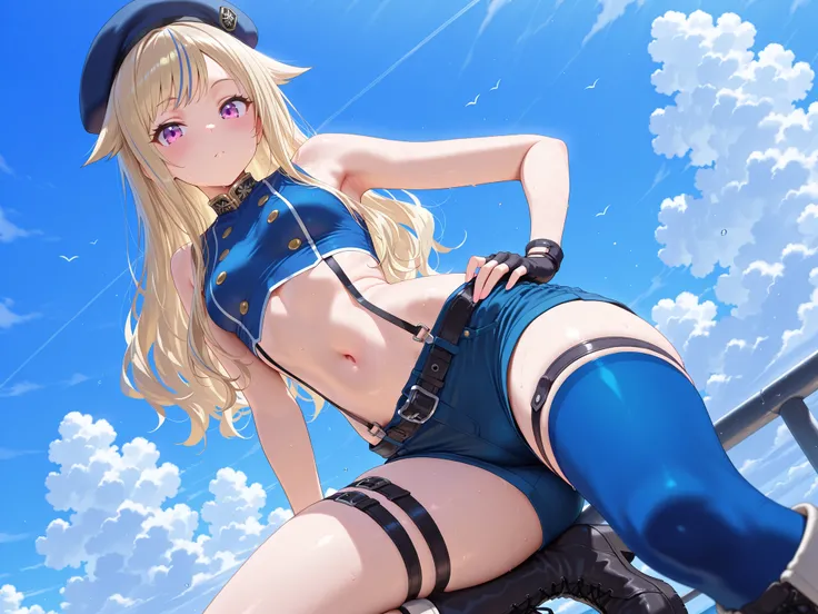solo,masterpiece,best quality, amazing quality, highres, absurdres, very aesthetic, high resolution, ultra detailed, perfect details,suzuki hina, blonde hair, long hair, streaked hair, hair flaps, purple eyes, skinny, small breasts, hat, beret, blue thighh...