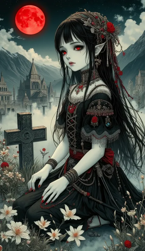 (A fusion of Ukiyo-e and dark fantasy. Aesthetic and gothic digital art. Illustrations are drawn from a bird's eye view from above.) BREAK
(Jet black hair. Blunt bangs. Black eyebrows. Long black eyelashes. Almond-shaped eyes. Glowing red eyes. Dark, thic...