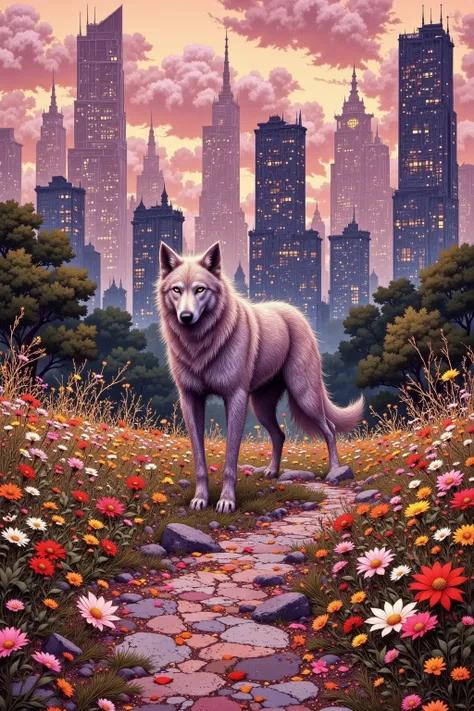 dusk of a city lined with skyscrapers、A werewolf dog walks leisurely along a straight path decorated with flowers。Petals dance on the street、The colors are pop and fantastic。The sky has a pink and orange gradation、pale light shines into the wolf dog's coat。The buildings in the background are drawn slightly abstractly、and a strange atmosphere like a fusion of city and nature。The whole thing is a poetic illustration style。
