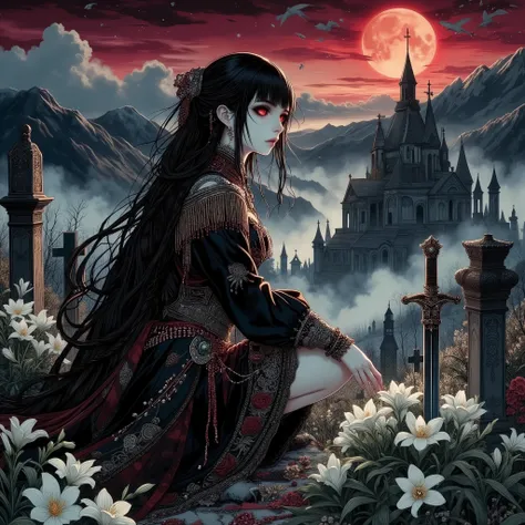 (A fusion of Ukiyo-e and dark fantasy. Aesthetic and gothic digital art. Illustrations are drawn from a bird's eye view from above.) BREAK (Jet black hair. Blunt bangs. Black eyebrows. Long black eyelashes. Almond-shaped eyes. Glowing red eyes. Dark, thick...