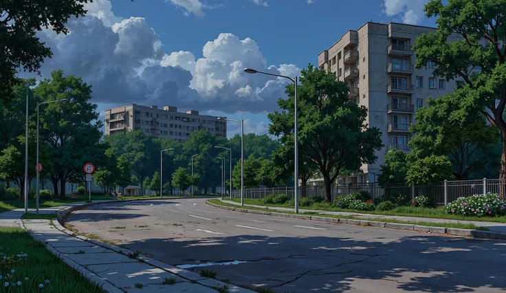 landscape, street, USSR vibes, panel buildings:2.5, panelki:2.5, many floors, many green trees, night, summer, puddles on the asphalt, cloudy:1.5, grass, crossroad:1.5, cracks in the asphalt:0.3, soviet-style concrete fence:0.15, flowers:0.25, without sun,...