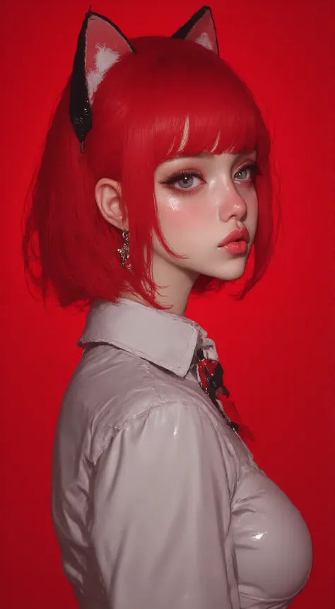 masterpiece, highest quality , enlightenment,1 perfect portrait of a girl, A fascinating eye for perfect detail, colorful hair, (Red+white soft hair:1.6), (Cat ears:1.3), Fantasy red background, {exposed bare shoulders} ,{long-term alienation_sleeve}, {lea...