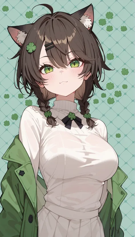 Catgirl ,, light brown hair,in Green Eye,Short hair, Ahoge,Short hair,slim,Green winter jacket, Tomboy,Fierce face, Black Neck Strap , has a tail ,grid pattern background, Milf,Short braids , black hair, Two tone hair, pudding colour hair,big breasts,slim,...