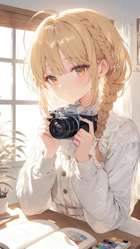 beautiful young Korean girl with light yellow almost white short braided hair and warm brown eyes. She is holding a camera in her hands, as if she’s about to take a photo. Her outfit is casual yet stylish, with gorgeous and intricate details — soft fabrics...