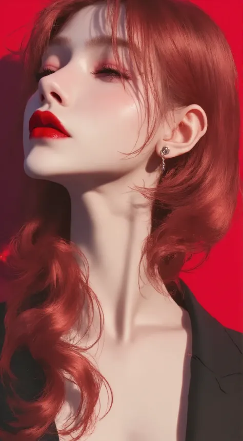 masterpiece, highest quality , enlightenment,1 perfect portrait of a girl, A fascinating eye for perfect detail, colorful hair, (Red+white soft hair:1.6), (Cat ears:1.3), Fantasy red background, {exposed bare shoulders} ,{long-term alienation_sleeve}, {lea...