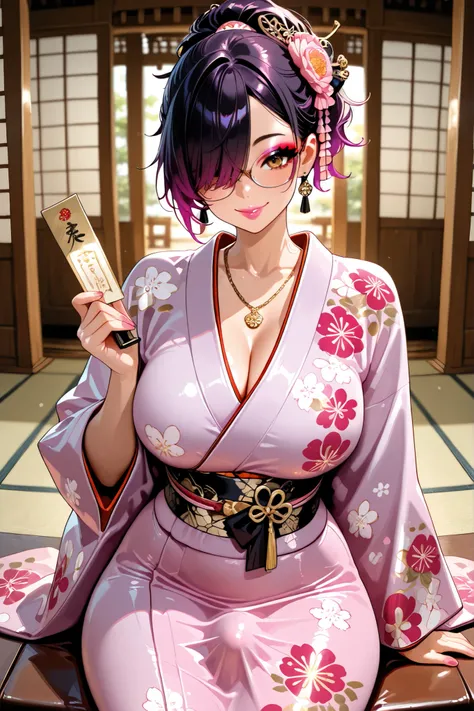 masterpiece, optimum quality, highres, 1girl, transgender, femboy, fake large breasts, tiny waist, wide hips, penis bulge, short hair, hair over one eye, ponytail, black hair, purple hair, multicolored hair, two-tone hair, gradient hair, brown eyes, glossy...