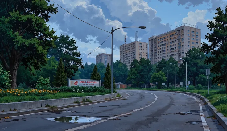 landscape, street, USSR vibes, panel buildings:2.5, panelki:2.5, many floors, many green trees, night, summer, puddles on the asphalt, cloudy:1.5, grass, crossroad:1.5, cracks in the asphalt:0.3, soviet-style concrete fence:0.15, flowers:0.25, without sun,...