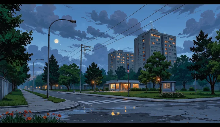 landscape, street, USSR vibes, panel buildings:2.5, panelki:2.5, many floors, many green trees, night, summer, puddles on the asphalt, cloudy:1.5, grass, crossroad:1.5, cracks in the asphalt:0.3, soviet-style concrete fence:0.15, flowers:0.25, without sun,...