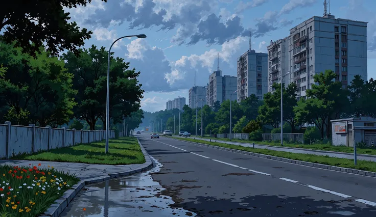 landscape, street, USSR vibes, panel buildings:2.5, panelki:2.5, many floors, many green trees, night, summer, puddles on the asphalt, cloudy:1.5, grass, crossroad:1.5, cracks in the asphalt:0.3, soviet-style concrete fence:0.15, flowers:0.25, without sun,...