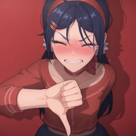 highres, hi res, best quality, masterpiece, 2d, intricate details, 4k, anime coloring, shadow, uncensored, eyelashes, nose, nose blush, long hair , dark blue hair, red hairband , red hairclips , hair ornament , twintails , parted bangs, red choker, ribbon ...