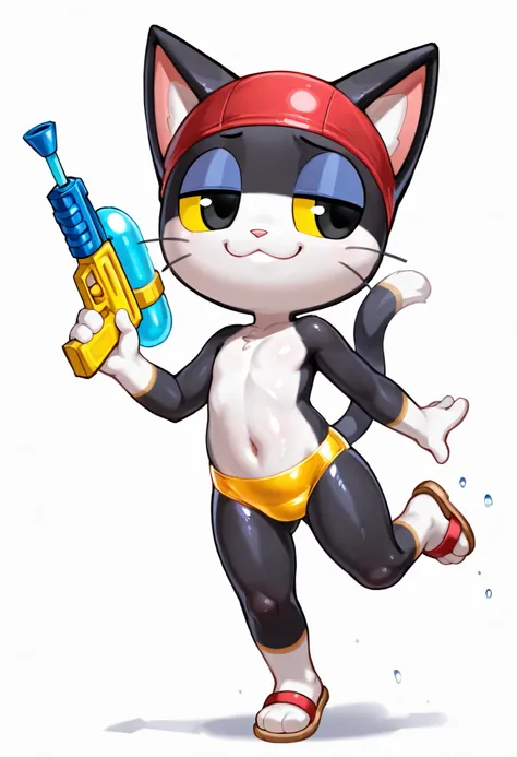 anthro, score_9, score_8_up, score_7_up, furry, fur, face, punchy_ac, anthro, furry male, black fur, white fur, two-tone fur, black eyes, colored sclera, yellow sclera, blue eyelids, cat tail, whiskers, :3, half-closed eyes, ((red swim cap, topless, yellow...