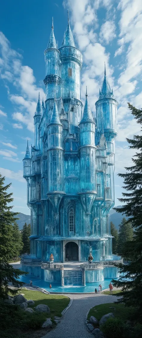 (highdefinition images:1.5)、Magnificent atmosphere,(detailed eyes drawn on a giant, Clear Blue Glass Castle That Seems to Reach the Sky:1.5),masterpiece,(highdefinition images:1.5),(top quality:1.5)、(Extremely Clear Glass Castle:1.5),Look up 、a blue sky fl...