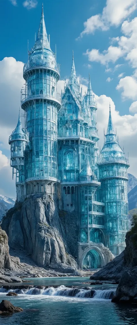 (highdefinition images:1.5)、Magnificent atmosphere,(detailed eyes drawn on a giant, Clear Blue Glass Castle That Seems to Reach the Sky:1.5),masterpiece,(highdefinition images:1.5),(top quality:1.5)、(Extremely Clear Glass Castle:1.5),Look up 、a blue sky fl...