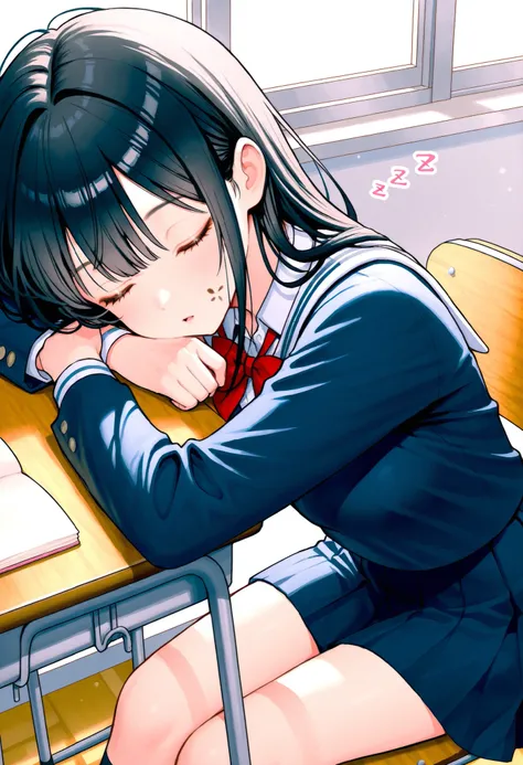 Japanese、Long Black Hair、womanhood、school uniform、classroom、sitting on a chair、sleeping、sperm is applied to the face