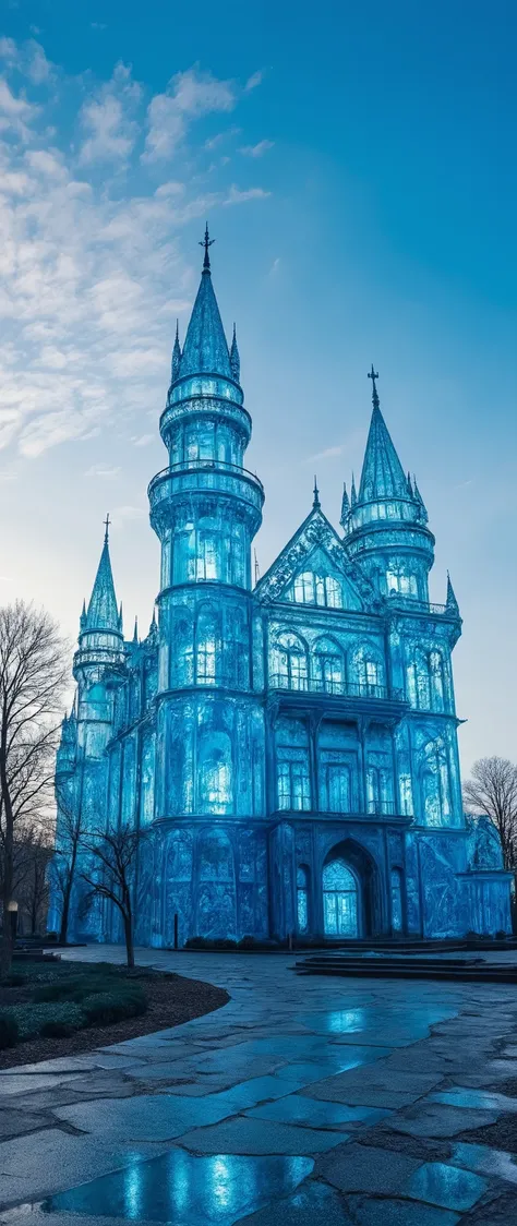 (highdefinition images:1.5)、Majestic Atmosphere,(A huge, transparent blue glass castle that seems to reach the sky:1.5),masterpiece,(highdefinition images:1.5),(top quality:1.5)、(Extremely transparent glass castle:1.5),Look Up、Blue Sky Flowing、(An old Euro...