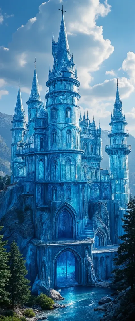 (highdefinition images:1.5)、Majestic Atmosphere,(A huge, transparent blue glass castle that seems to reach the sky:1.5),masterpiece,(highdefinition images:1.5),(top quality:1.5)、(Extremely transparent glass castle:1.5),Look Up、Blue Sky Flowing、(An old Euro...