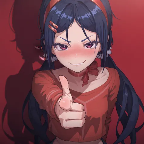 highres, hi res, best quality, masterpiece, 2d, intricate details, 4k, anime coloring, shadow, uncensored, eyelashes, nose, nose blush, long hair , dark blue hair, red hairband , red hairclips , dark violet eyes, hair ornament , twintails , parted bangs, r...