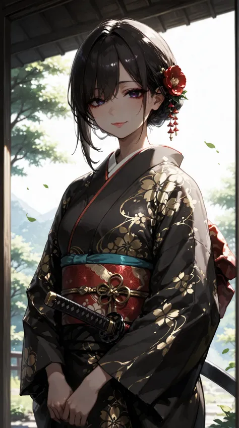 一人のdark haired長髪の少女, dark hairedの双子の尾根に細い白いハイライトが施されている, Tied with ribbon, wears an elegant kimono with delicate Japanese patterns, Her striking dark eyes shine gently., with a small smile on her lips, gives off a quiet sense of determination. , illuminate...