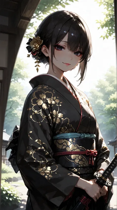 一人のdark haired長髪の少女, dark hairedの双子の尾根に細い白いハイライトが施されている, Tied with ribbon, wears an elegant kimono with delicate Japanese patterns, Her striking dark eyes shine gently., with a small smile on her lips, gives off a quiet sense of determination. , illuminate...
