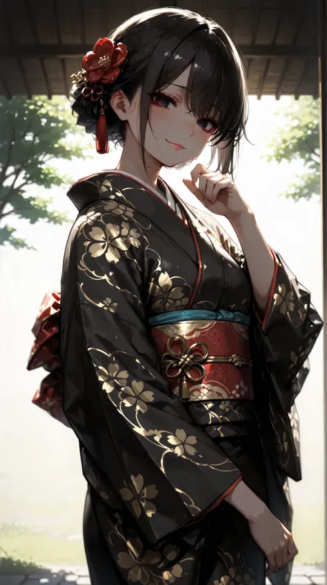 一人のdark haired長髪の少女, dark hairedの双子の尾根に細い白いハイライトが施されている, Tied with ribbon, wears an elegant kimono with delicate Japanese patterns, Her striking dark eyes shine gently., with a small smile on her lips, gives off a quiet sense of determination. , illuminate...